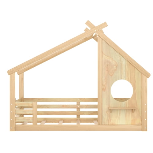 Bellemave Twin House Floor Bed with Window and Shelf, Solid Wood Montessori Bed with Roof, Low to Ground House Bed with High Fence for Bedroom, Natural