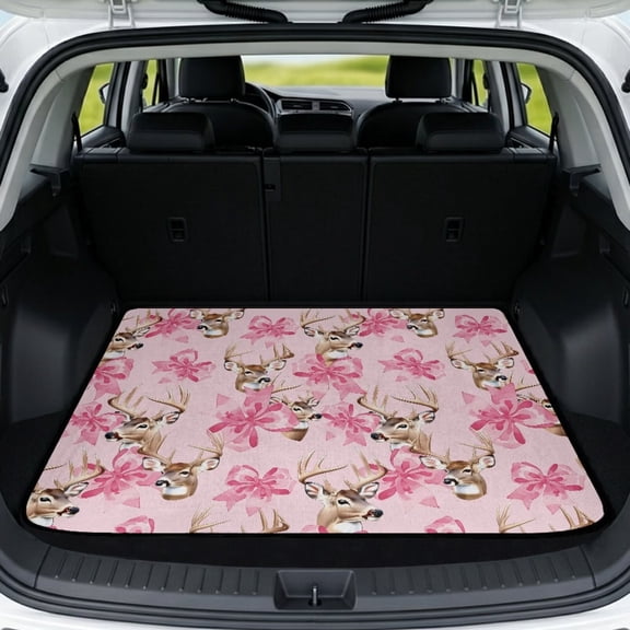 Yspwyqan Universal Car Trunk Mat 29" x 39", Grip-Backed Season-Resistant Rear Cargo Mat, Deer Pink Bow Print Easy-Clean Vehicle Interior Accessory Fits Most Sedans SUVs Wagons for Outdoor