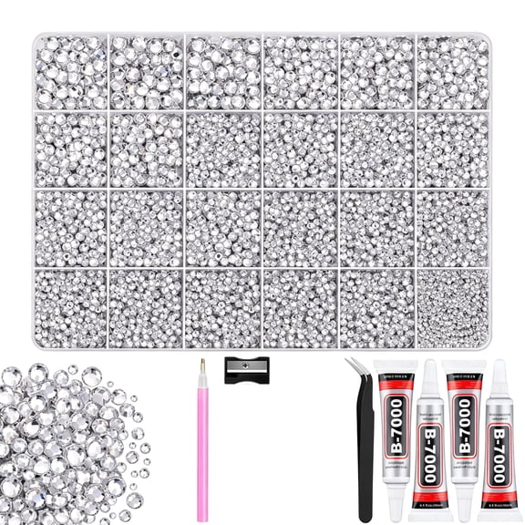 RAGUPEL 36000Pcs Silver Clear Rhinestones Bedazzling Kit | All-In-One Bedazzler Kit, 2/3/4/5/6Mm Gems, 4Pcs B7000 Jewelry Glue, Diamond Art Tools, for Shoes Books Crafts Nail Art