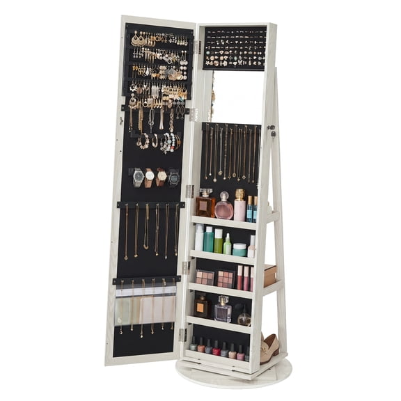 SONGMICS Espejo Joyero, Armario de Joyas, Giratorio 360°, con Cerradura y Llave, Idea de Regalo, Marrón