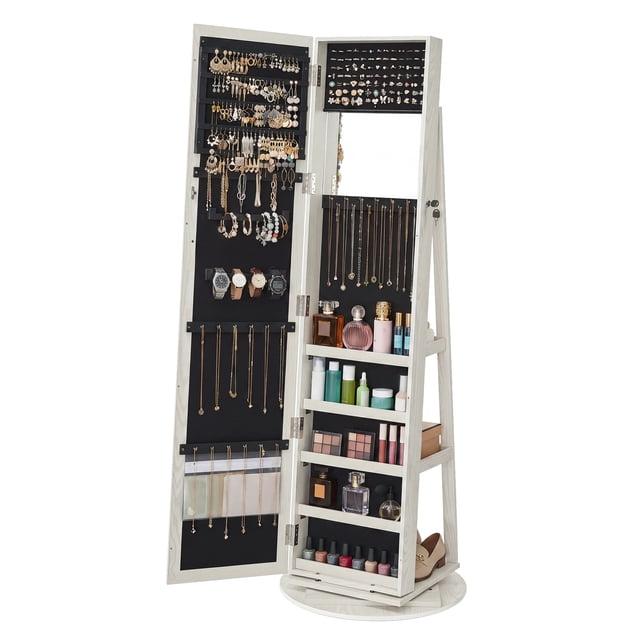 SONGMICS Espejo Joyero, Armario de Joyas, Giratorio 360°, con Cerradura y Llave, Idea de Regalo, Marrón