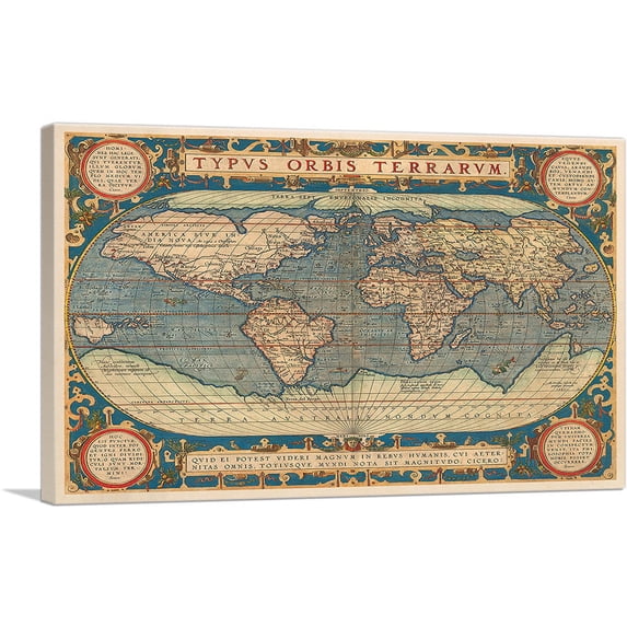 ARTCANVAS Typus Orbis Terrarum 1587 Canvas Art Print by Abraham Ortelius - Size: 18" x 12" (1.50" Deep)
