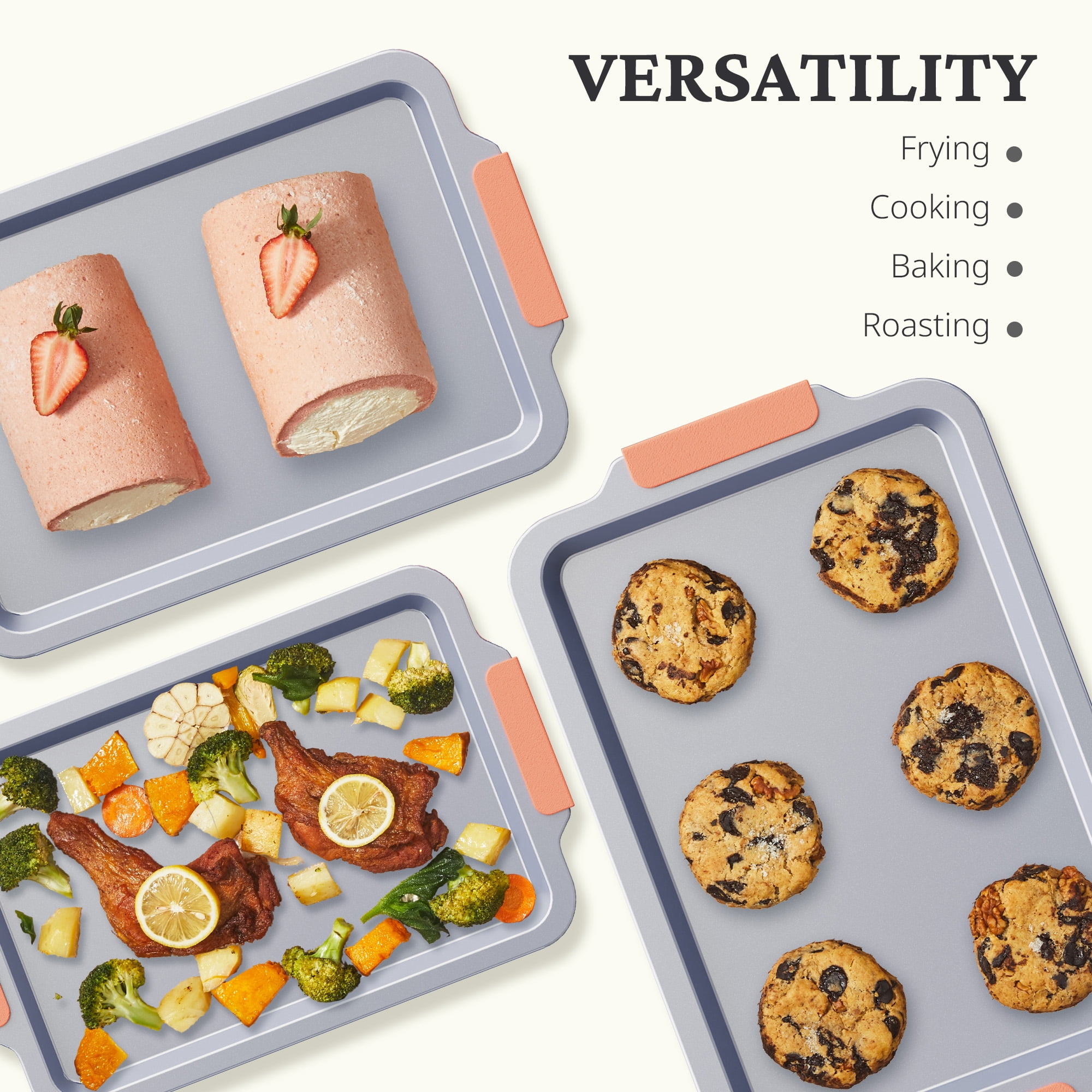 HONGBAKE Non Toxic Ceramic Cookie Sheets for Baking, 3-piece Non Stick Baking Sheet Pans for Oven, Heavy Duty Aluminized Steel Baking Pans Set with Silicone Handles -Orange