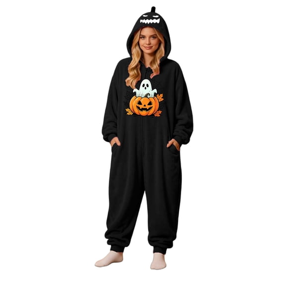 Halloween Pumpkin Hooded Onesie Adult Soft Hooded Onesie Flannel Pajama Sleepwear, Plush Matching Couples Jumpsuit for Fall Halloween Costume Loungewear