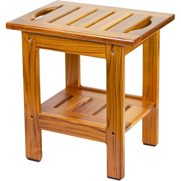 Utoplike Teak Shower Bench, Compact Shower Stool with Shelf & Handle, 2-Tier Small Wooden Bath Seat with Non-Slip Feet for Bathroom, Bathtub, or Outdoor Use