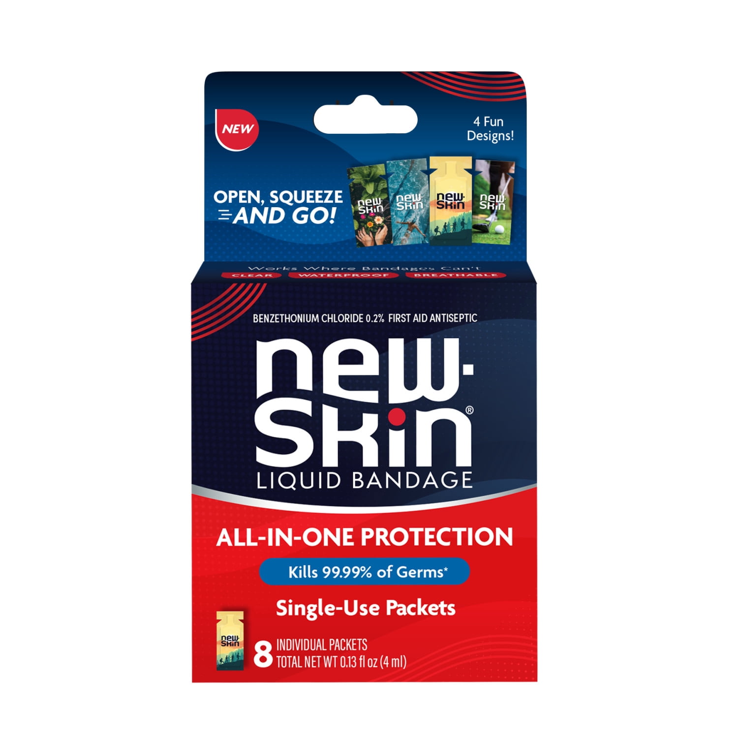 (4 pack) New-Skin Single Use Liquid Bandage Packets, 8 Count, Antiseptic, Waterproof for Minor Cuts and Scrapes