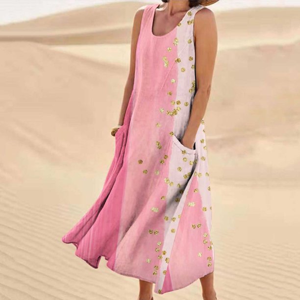 ICHUANYI Clearance Womens Summer Casual Round Neck Beach Pockets Sleeveless Printed Dress(Pink, S) ICHUANYI WER2023080904607