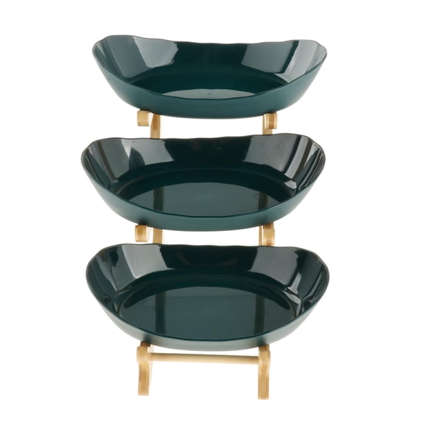 Plato de frutas con soporte de madera, estantes para pasteles, expositor, organizador, servidor de alimentos 3 niveles verde