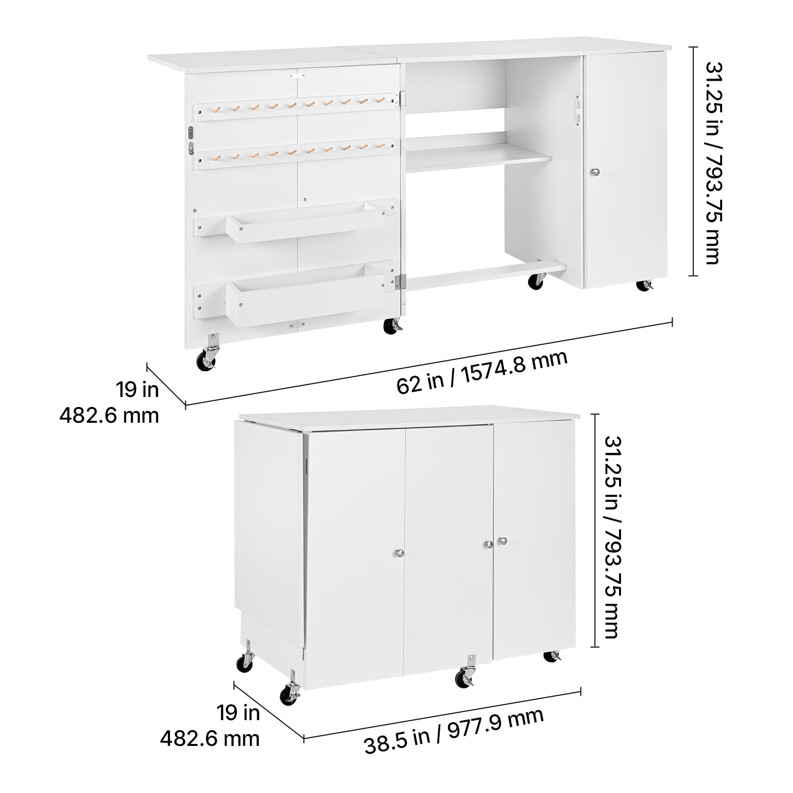 VEVOR Folding Sewing Table, Multipurpose Sewing Machine Table with Cabinet, Compact Design, Wheels, Wooden Pegs, Storage Trays and Shelf, Magnetic Door, Craft Station and Side Desk for Home, White