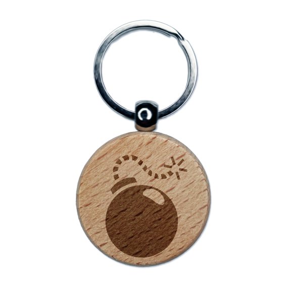 Cartoon Bomb with Fuse Round Keychain Charm Tag - Engraved Wood