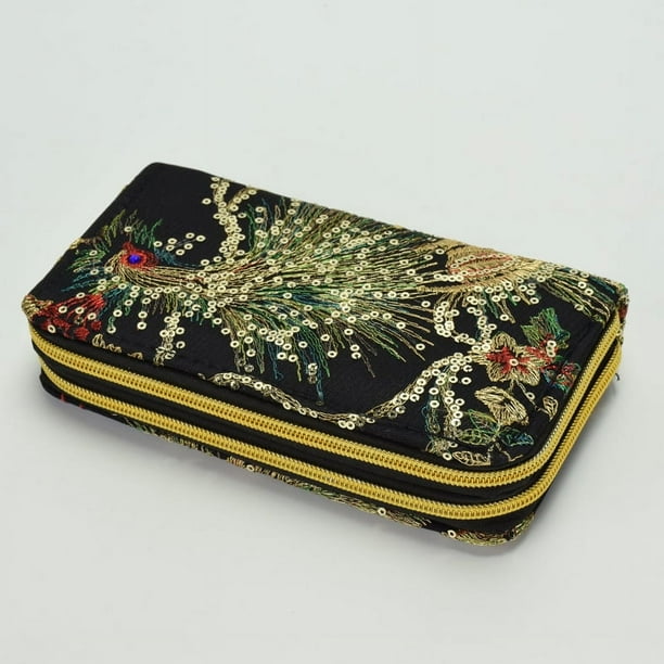 Cartera bordada de doble cara de estilo minoritario con pavo real bordado, asa larga con cremallera, bolso para teléfono móvil