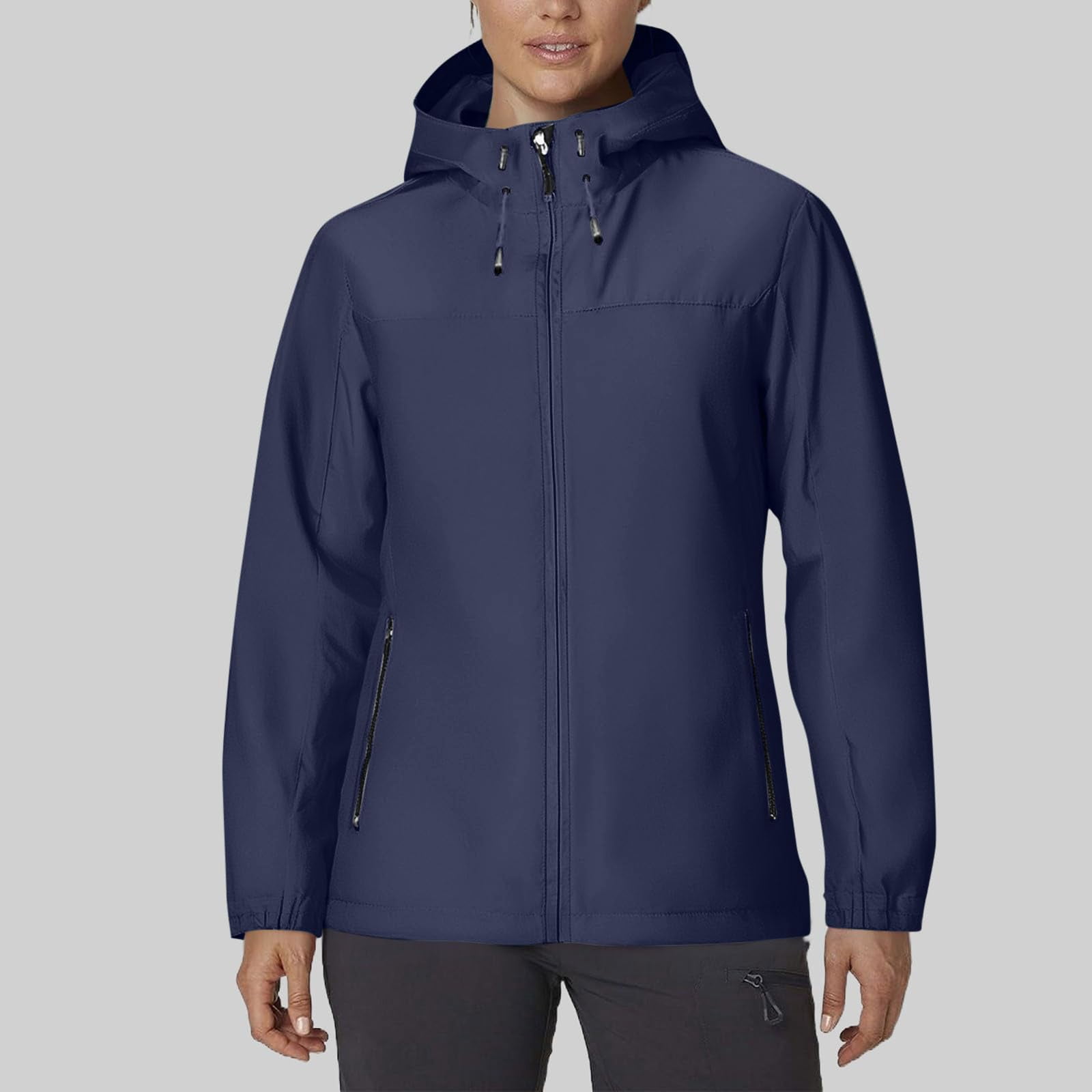 Womens Lightweight Packable Rain Jackets Zip Up Waterproof Windbreaker Hooded Raincoat Hiking Trench Coat Pockets