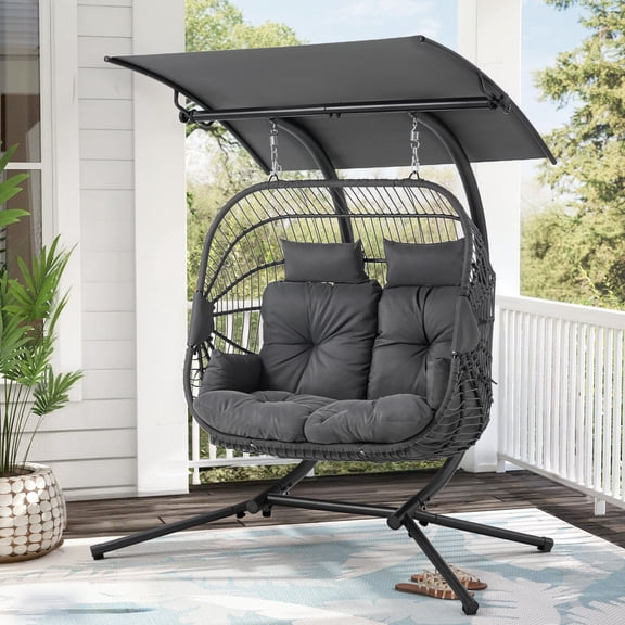 U-HOMY 2-Person Egg Chair with Stand, Wicker Hanging Chair with Canopy and Cushion for Outdoor Patio