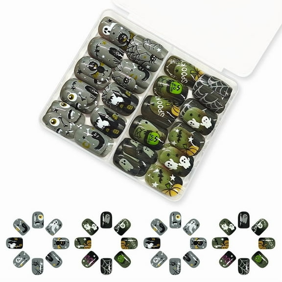 Yoyauz 48pcs Short Nail Fake Nail With Black And White Spider Web Design Charm Acrylic Nail Halloween Suitable For Girls And Women