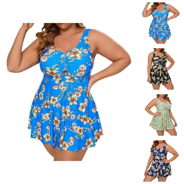 Womens Swimsuits Tankini 2026 Casual Plus Size Modest Flowy Swim Dress with High Waisted Bottom Two Piece Bathing Suits Woman
