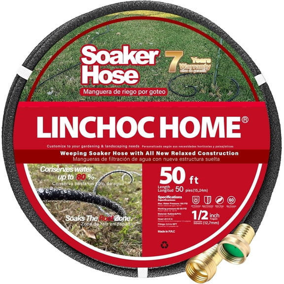 FRKSMD-Soaker Hose 50FT 1/2 Inch with Solid Brass Connectors, Flexible & Leakproof for Garden, Lawn & Landscape Care