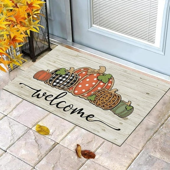 Happy Fall Pumpkin Welcome Mats, Vintage Rustic Indoor Outdoor Autumn Thanksgiving Non Slip Floor Door Mat, 24 X 36 Inch