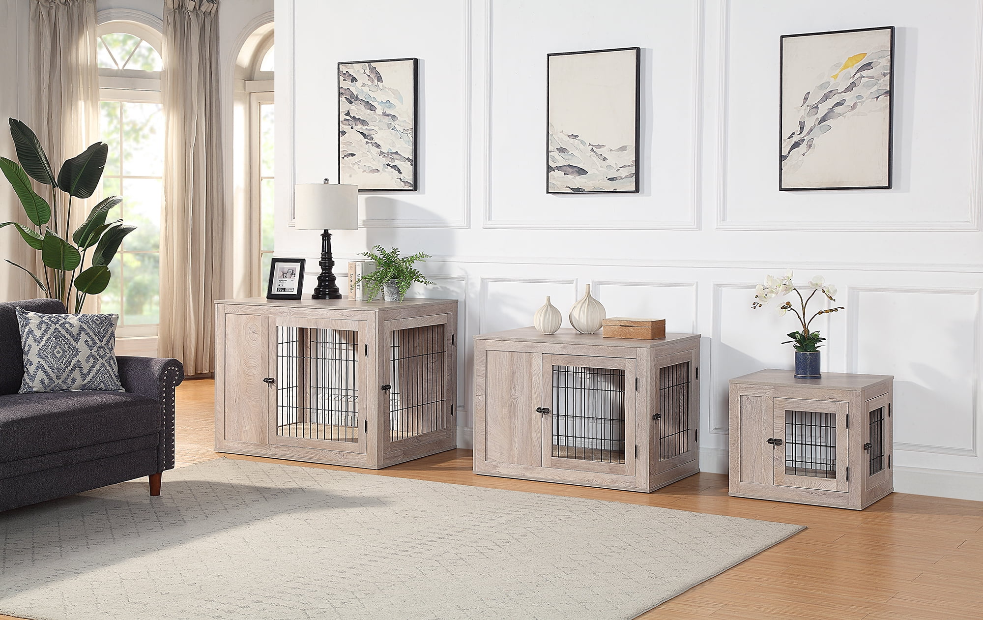 Unipaws Dog Crate Furniture Style,Wooden Wire Dog Kennel with Cushion, Large