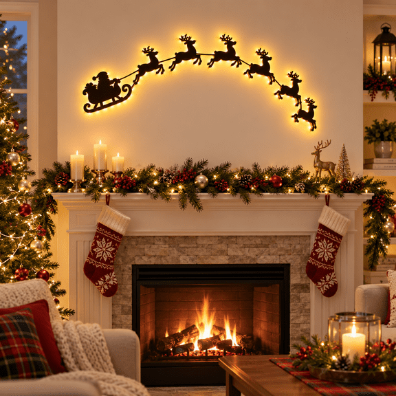 Lighted Christmas Wall Decor Wooden Santa Sleigh and Reindeer Silhouette with Warm Glow for Mantel Living Room Holiday Decoration