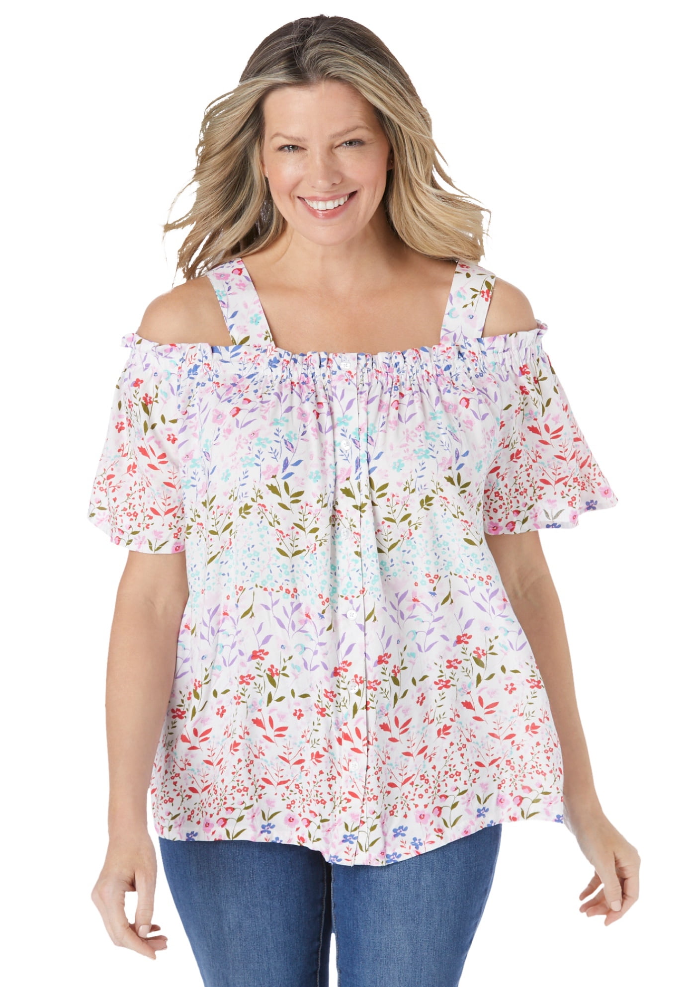 Woman Within Women's Plus Size Printed ColdShoulder Blouse Shirt