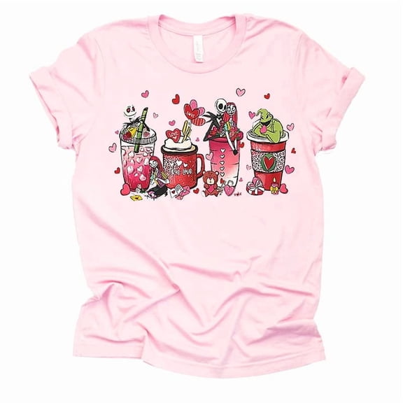 Jack Skellington Nightmare Valentine Latte Design Unisex Shirt Casual Short Sleeve (Light Pink-2X Large)