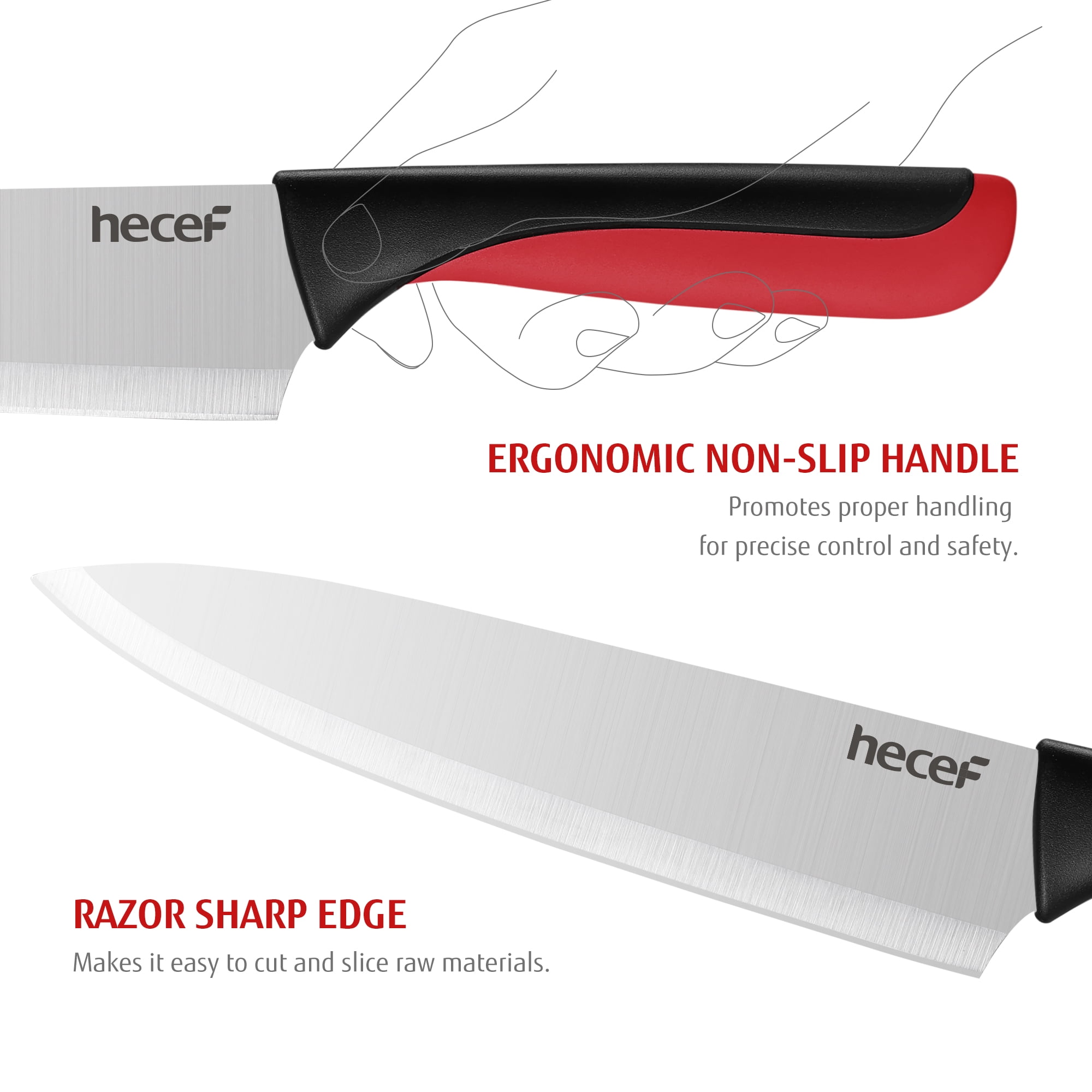 Hecef Knife Set, 13-Piece Satin-finished Sharp and Rust-proof Kitchen Knife set with Sharpener