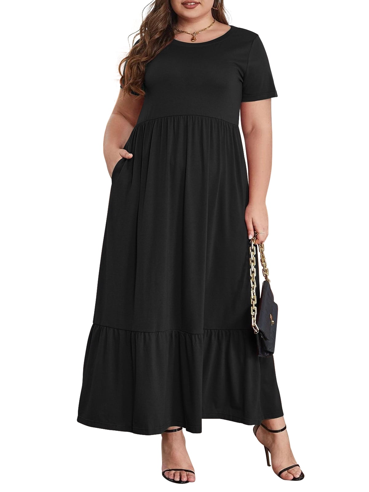 Mengpipi Women's Plus Size Casual Short Sleeve Crewneck Dress Flowy Tiered Loose Maxi Dress with Pockets Black 1X-5X - image 2 of 4