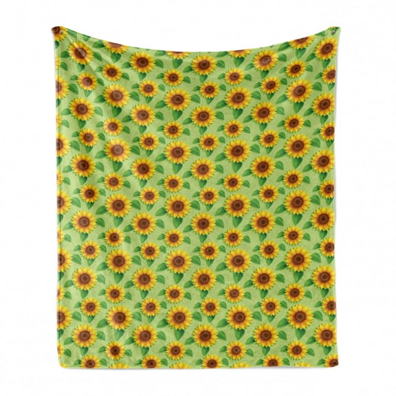 Floral Yellow Soft Flannel Fleece Throw Blanket, Sunflowers with Leaves Summer Vibes, Cozy Plush for Indoor and Outdoor Use, 60" x 80", Pistachio Green Redbrown, by Ambesonne