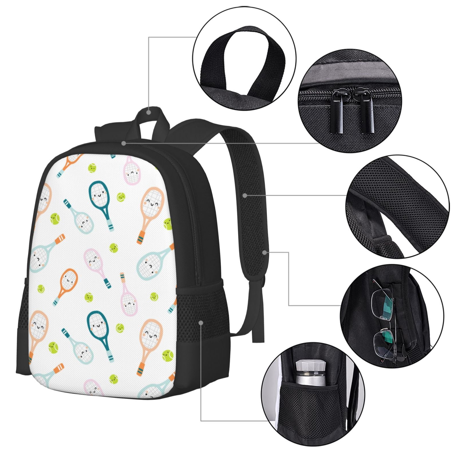 Ratiio Cute Tennis Rackets Backpack for Men and Women - Durable 600D Oxford Cloth -Large Capacity, Water-Resistant School, Travel, and Hiking Bag