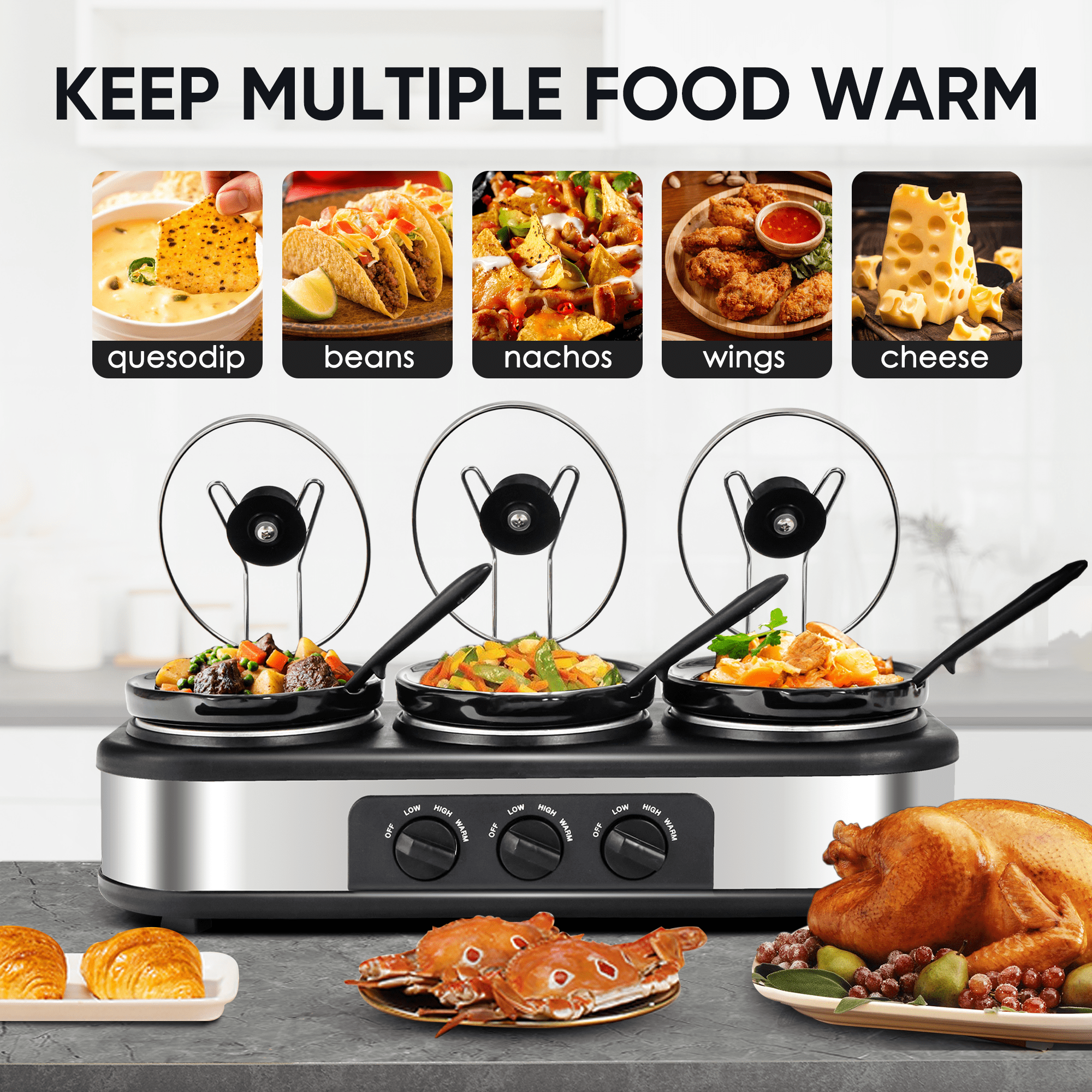 4.5QT Electric Slow Cooker 3 in 1, 3-Pots Stainless Steel Buffet Server  Food Slow Cooker With Adjustable Temp Removable Lid Rests Triple Pot, Black  