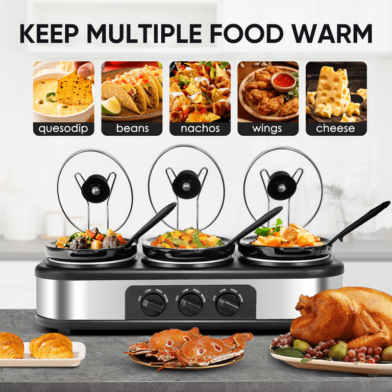 CozyHom 4.5QT Electric Slow Cooker 3 in 1, 3-Pots Stainless Steel Buffet  Server Food Slow Cooker With Adjustable Temp Removable Lid Rests Triple  Pot, Black 