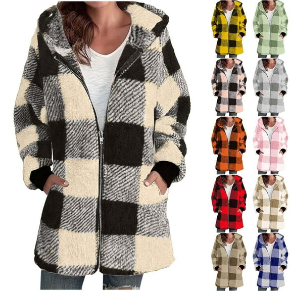Womens Fuzzy Fleece Plaid Jacket Sherpa Full Zip Up Hooded Long Coats Casual Loose Winter Warm Outerwear with Pockets