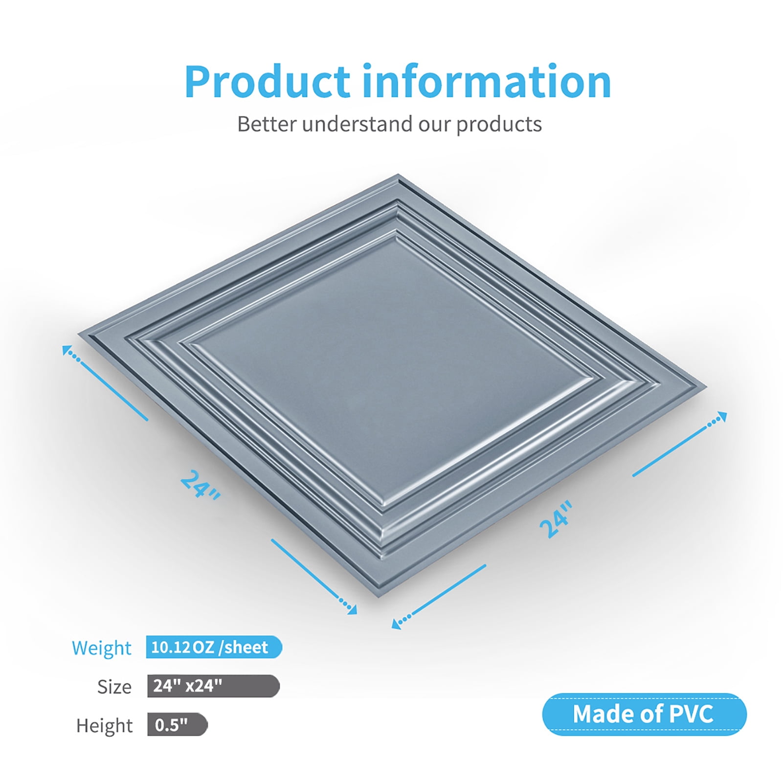 Art3d PVC Ceiling Tiles, 2'x2' Plastic Sheet in Gray (12-Pack)