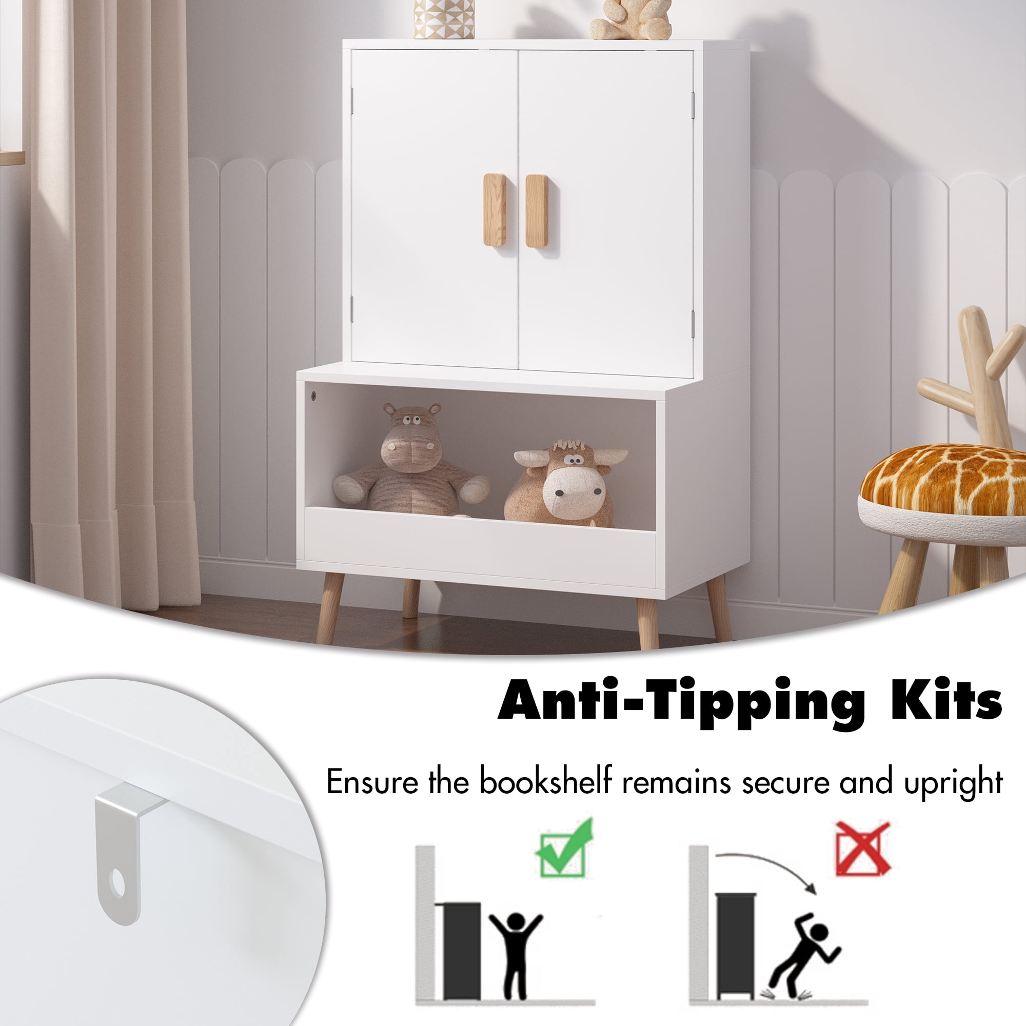 Toy Storage Cabinet with Doors and Open Shelf,Modern Wooden Storage Cabinet Bookcase Toy Storage for Playroom,Bedroom,White
