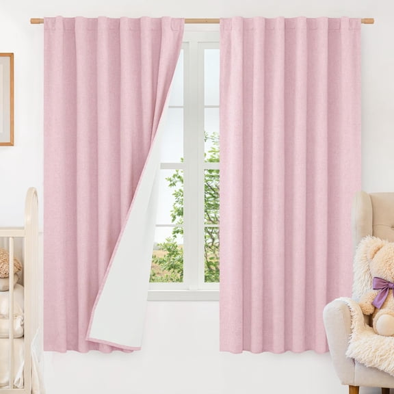 100% Blackout Pink Linen Curtains, 63 Inches Linen Textured Thermal Bedroom Curtains Back Tab and Rod Pocket Neutral Panels with White Liner for Girls' Room, 2 Panels, 52 x 63 Inch