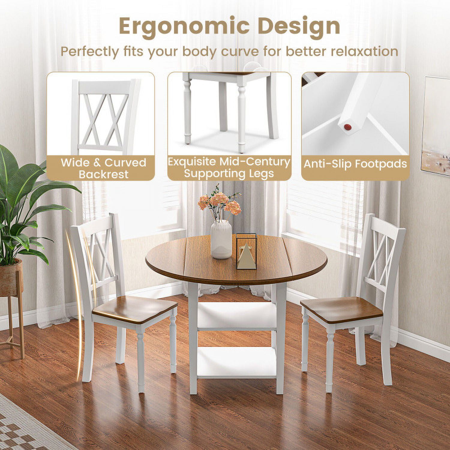 Finihen Dining Set, Dining Table Set, 5 Piece Round Kitchen Dining Set with Drop Leaf Table Top, for Home, Restaurant, Walnut & White Finihen Dining Set, Dining Table Set, 5 Piece Round Kitchen Dining Set with Drop Leaf Table Top, for Home, Restaurant, Walnut & White