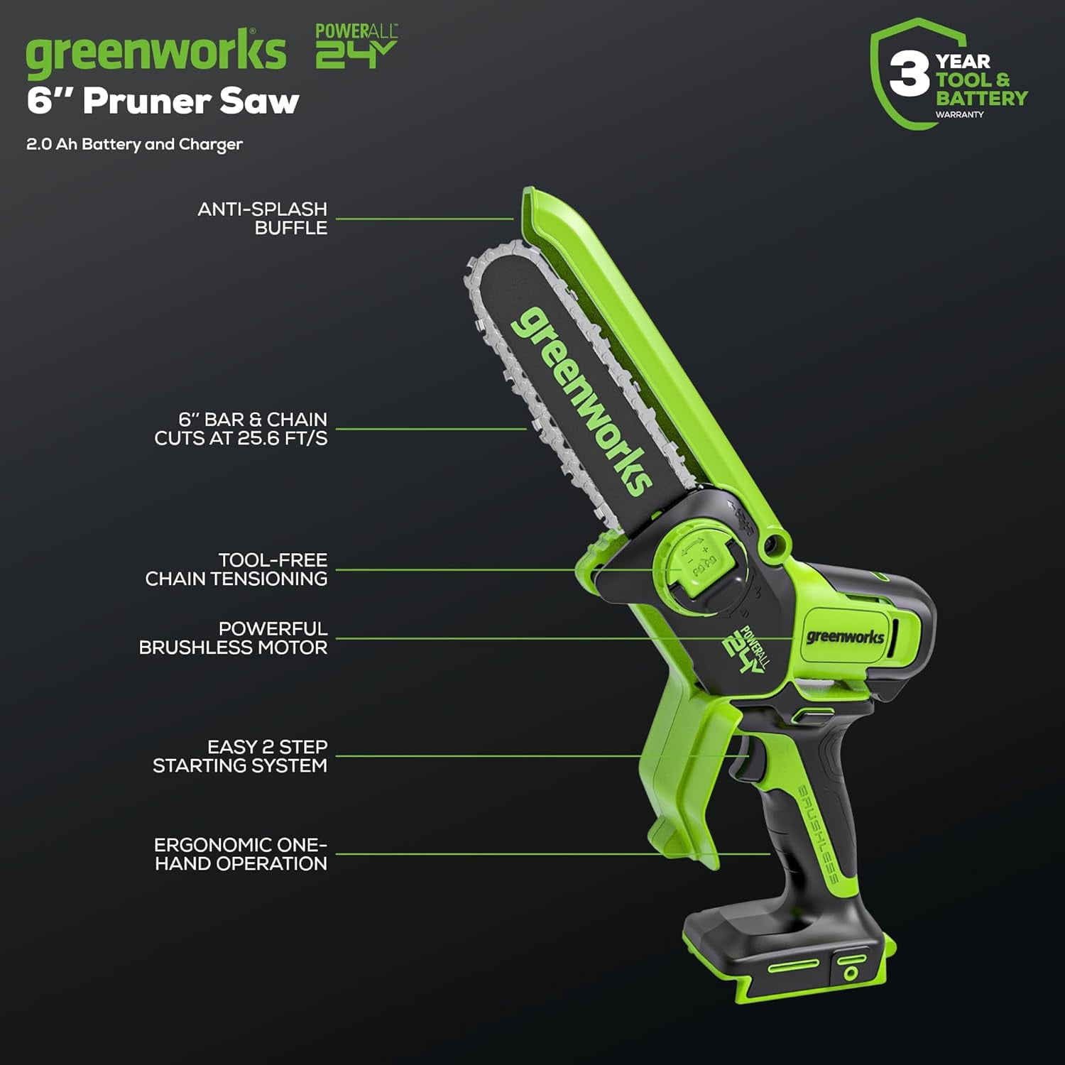 Greenworks 24V 6" Brushless Pruner Saw, 2.0Ah Battery and Charger Included