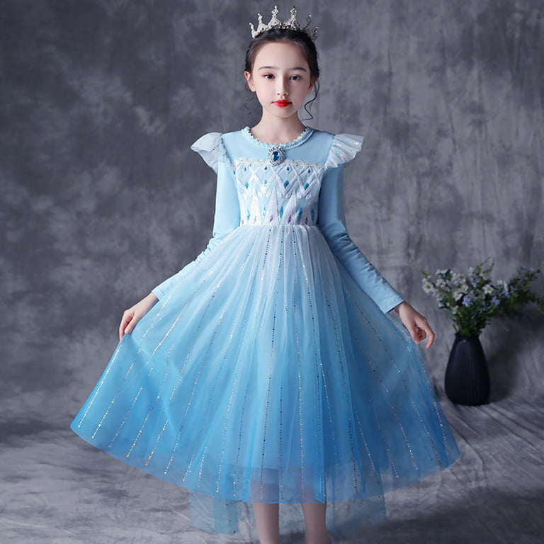 Little Girl Frozen Princess Dress Snow Party Queen Halloween Elsa Costume  Blue with Cape