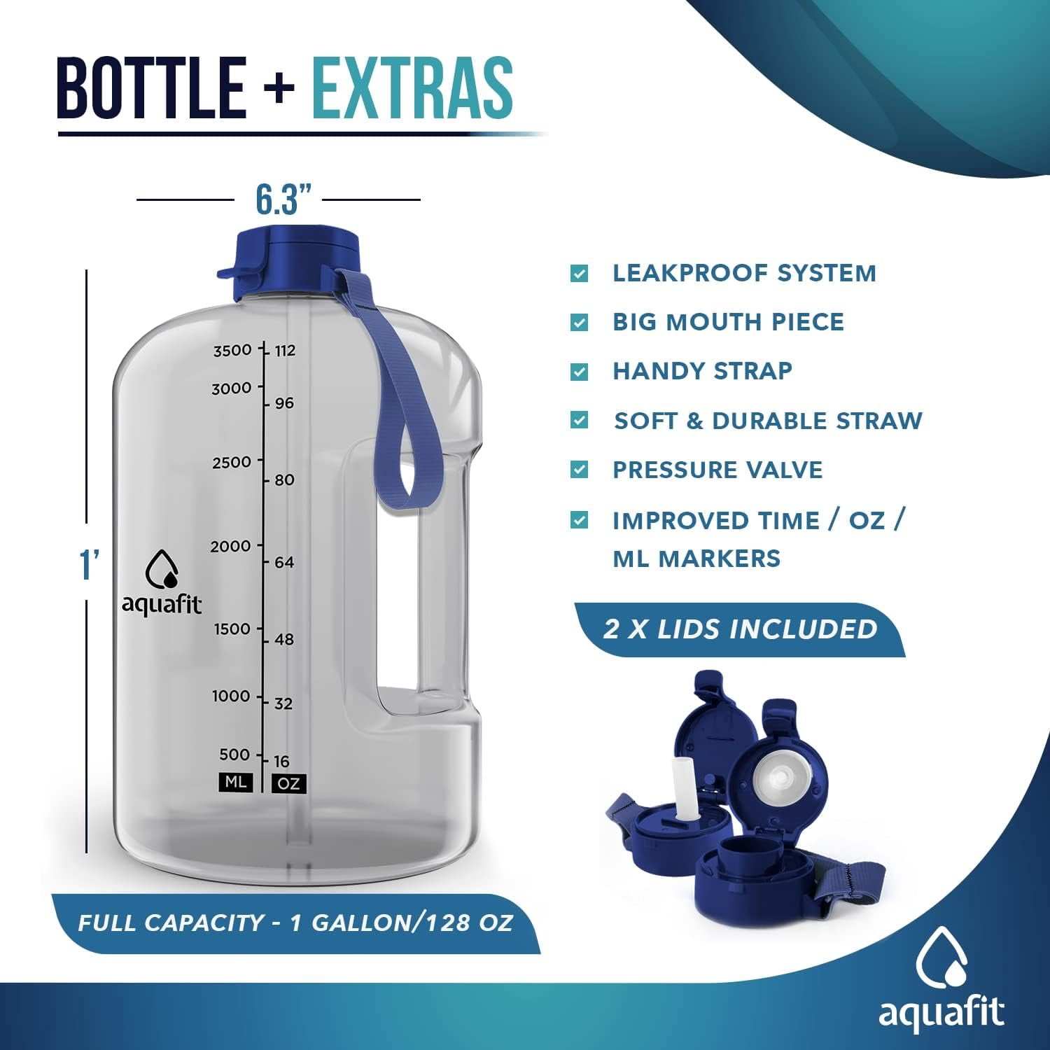 AQUAFIT - Water Bottle with Straw - Motivational Water Bottle, Big Water Bottle with Time Marker - 1 Gallon, Clear
