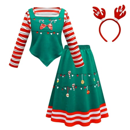 

Baby Girl Outfits Kids Chiristmas Prints Red Long Sleeves Top Dress Skirt Hairband Girls Clothing Sets 8-9 Years