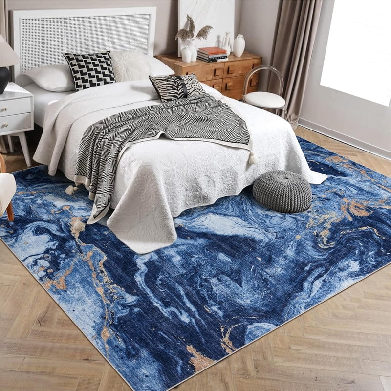 9'x12' Boho Vintage Area Rug – Soft Modern Abstract Design, Machine Washable Non-Slip Carpet for Living Room, Farmhouse, Kids Room & Dining Room Blue