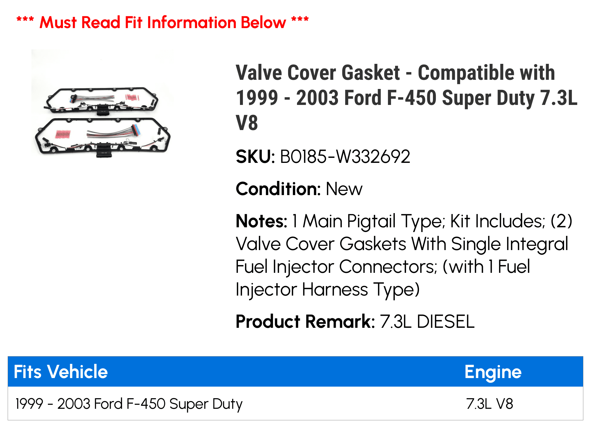 Valve Cover Gasket Compatible with 1999 2003 Ford F-450 Super Duty 7.3L  V8 2000 2001 2002