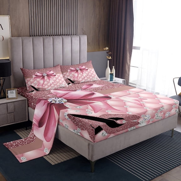 Erosebridal Pink Bowknot High Heels Sheet Set Twin,Dreamy Princess Bedding Sets Twin Size,Breathable Bed Sheets Twin,Bling Room Decorative,3pcs