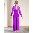 thumbnail image 6 of TSSOE Kids Girls Metallic Mesh Patchwork Wide-leg Jumpsuit Mock Neck Long Sleeve Keyhole Back Full Body Ballet Leotard Purple 10, 6 of 7