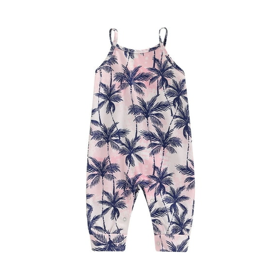 Seyurigaoka Baby Girl's Sling Romper, Tree/Leaf Print Sleeveless Snap Crotch Infant Girl Jumpsuit