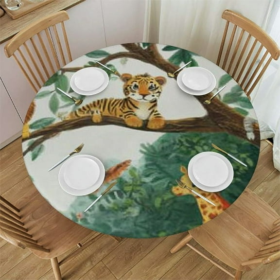 BCIIG Jungle Animals Treebranches Round Tablecloth Stain-Resistant Washable Indoor Outdoor Restaurant Party Tablecloth Waterproof Fabric with Elastic Edge 31"-35