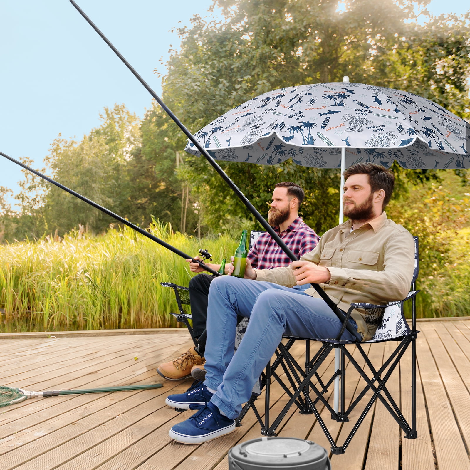 Ktaxon Camping Loveseat Chair, Folding Double Outdoor Chair with Removable Sun Umbrella & Carrying Bag, Double Chairs with Cooler Bag for Lawn Fishing Outdoor, Coconut Tree