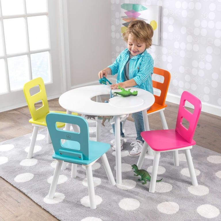 KidKraft Wooden Kids Round Storage Table 4 Chair Set White Highlighter