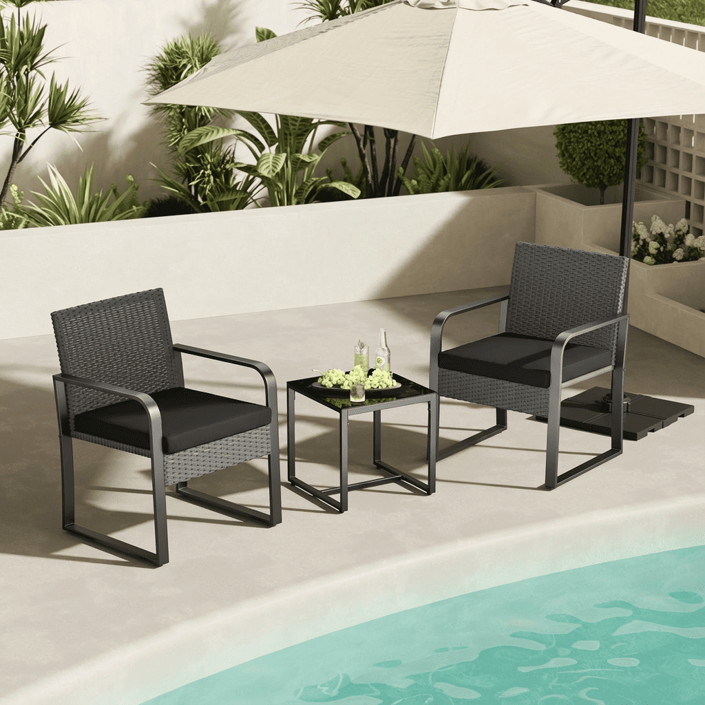 Asofer 3 PCS Patio Furniture Set, Outdoor Bistro Wicker Chair with Glass Table, Poolside, Balcony, Black Cushion