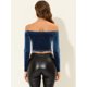 thumbnail image 4 of INSPIRE CHIC Blusa de terciopelo de manga larga elástica sólida con hombros descubiertos para mujer Gris azul S, 4 of 5